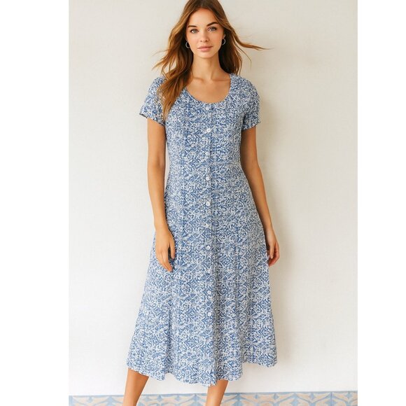 NEW Norm Thompson Cream Blue Floral Button Linen Blend Midi Dress Size Small - Picture 1 of 14